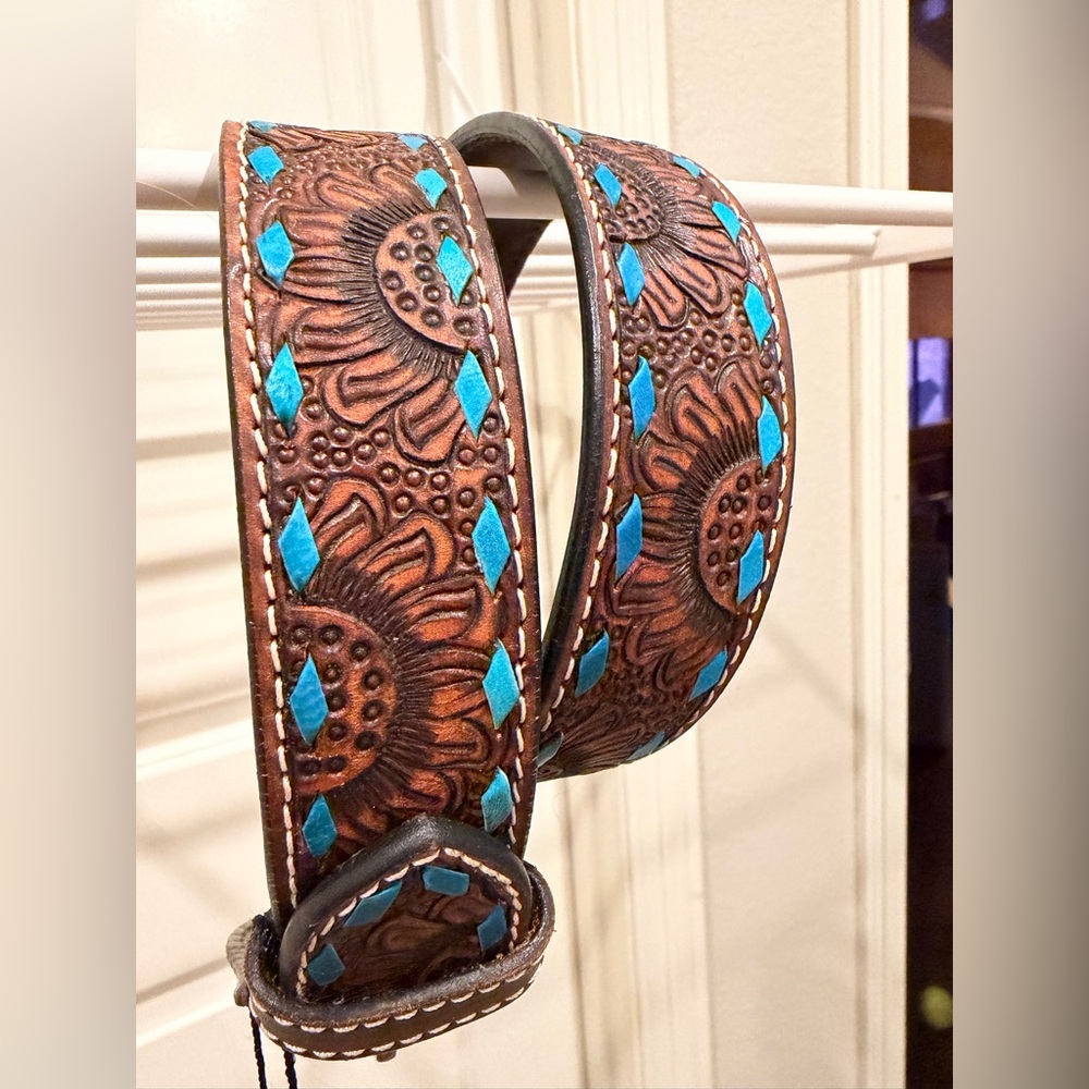 Brown and Blue Embossed Leather Belt